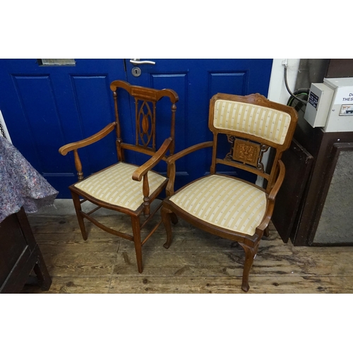 469 - Two Edwardian Inlayed Drawing Room Arm Chairs resting on Square & Cabriole Legs.