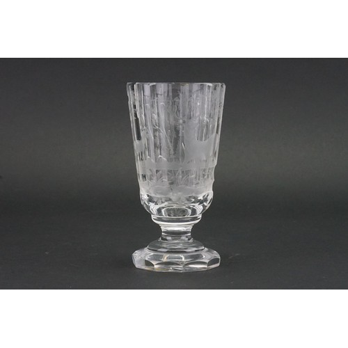 506 - A German Plain Glass engraved Rummer decorated with Deer. Measuring: 14cms high.