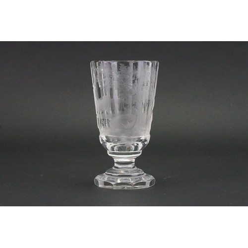 506 - A German Plain Glass engraved Rummer decorated with Deer. Measuring: 14cms high.