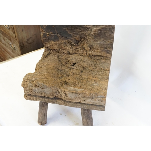 468 - An Irish Naturistically Worn Oak Nursing Chair of Primitive design resting on Tinkers legs? Measurin... 