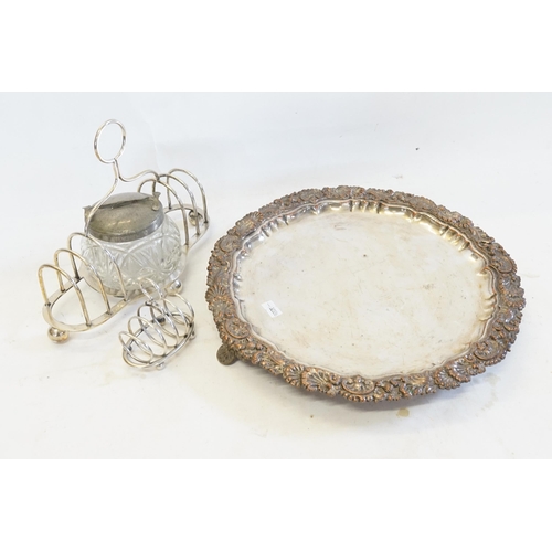 74 - A Sheffield Silver Plated Circular Floral embossed Salver & Two Toast Racks.