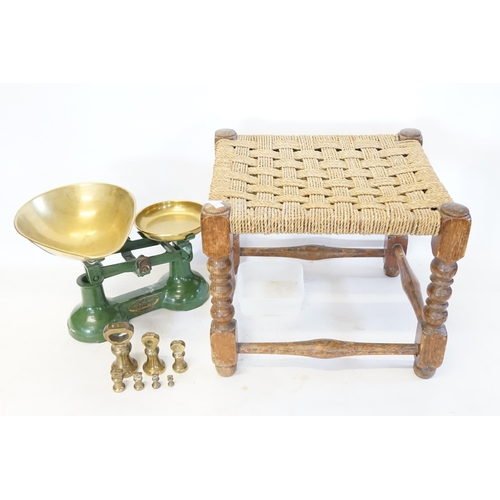 451 - A Oak Stool & a Set of Kitchen scales with Brass Weights & Pans.