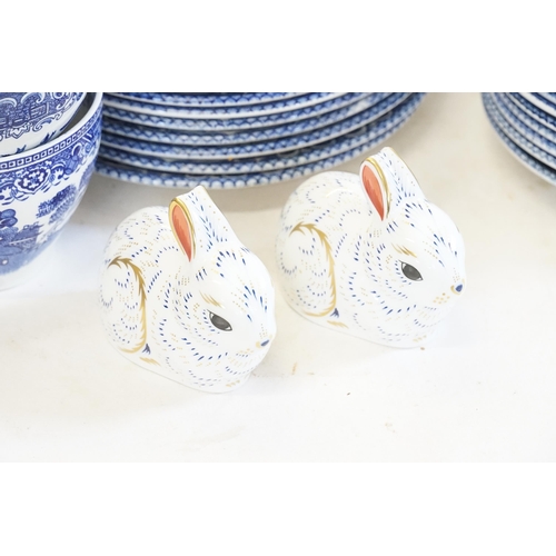 662 - Two Royal Crown Derby Bunny's with Gold Back Stamp, a Collection of English Blue & White Tea China, ... 