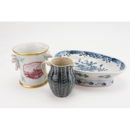 660 - A Puce decorated Bottle Holder, Chinese Export Dish & a Jug.