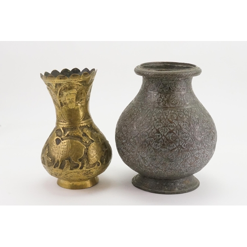 334 - An Antique Indian Tinned Metal engraved Storage Jar & a Brass Holy Profits Vase.