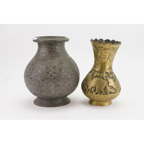 334 - An Antique Indian Tinned Metal engraved Storage Jar & a Brass Holy Profits Vase.