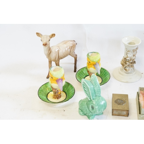 524 - A Japanese Candle Holders designed as Birds, a Sylvac Rabbit, Candlesticks, Compacts, etc.