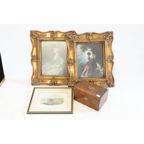 706 - A Victorian Tea Caddy in Walnut, a Print of Lynton & two Prints in Gold Frames.