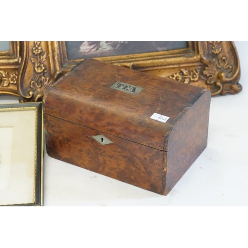 706 - A Victorian Tea Caddy in Walnut, a Print of Lynton & two Prints in Gold Frames.