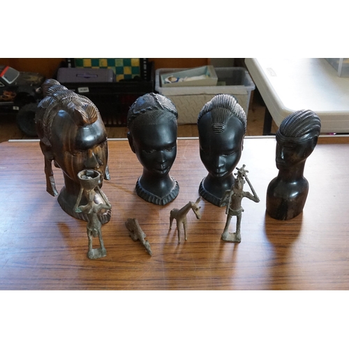 718 - Three African Ebony Carved Wood Studies of Young Girls & a Macassar Study of a Young Girl & Four Bra... 