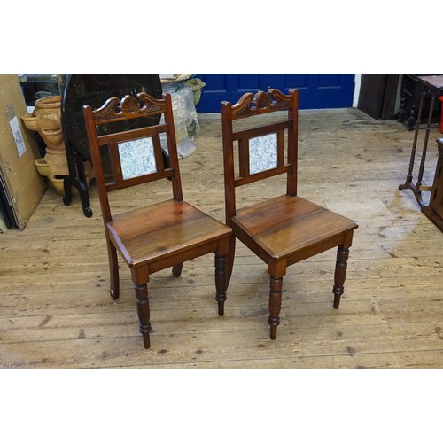 453 - A Pair of Victorian Tiled Back Entrance Hall Chairs resting on Turned Legs & Solid Seats.