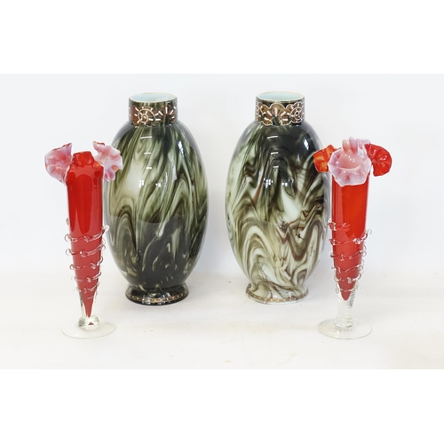 510 - A Pair of Czechoslovakian Green Marbled Glass Vases with enamelled decoration & a Pair of Red Frill ... 