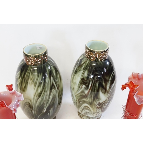 510 - A Pair of Czechoslovakian Green Marbled Glass Vases with enamelled decoration & a Pair of Red Frill ... 