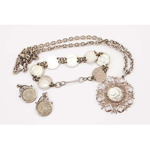 133 - A collection of threepence coins made into a bracelet, and necklace hung on silver chain, along with... 