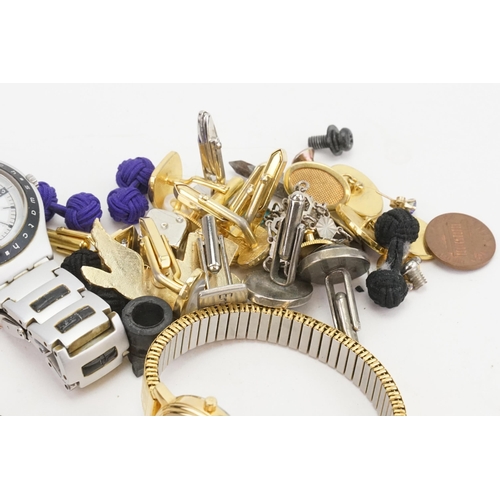 129 - A collection of cufflinks and watches, to include silver (approx weight 64g), along with a Citizen Q... 