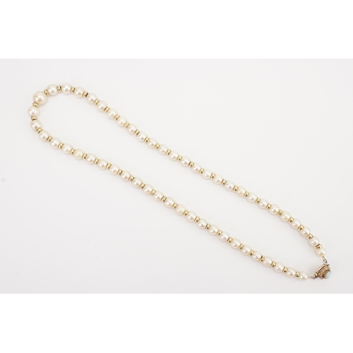 82 - A 9ct gold opal set clasp, hung with a strand of pearls. 5.5 x 4.1. Weight 26g.