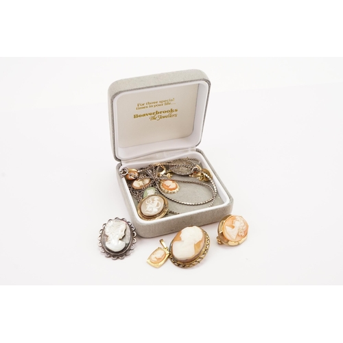 130 - A collection of cameos, to include plated, silver set cameos, brooches, earrings and a single 9ct go... 