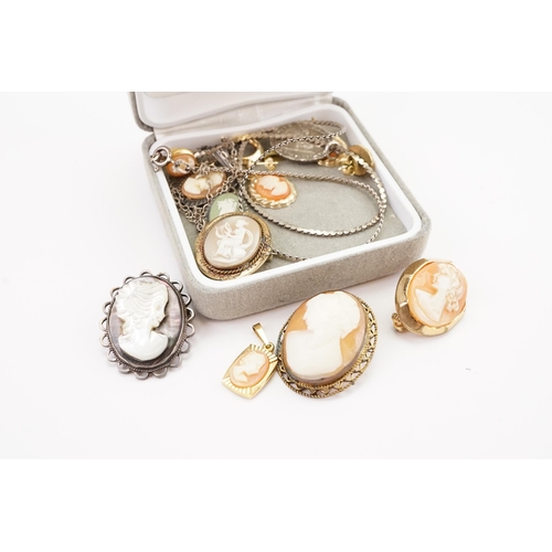 130 - A collection of cameos, to include plated, silver set cameos, brooches, earrings and a single 9ct go... 