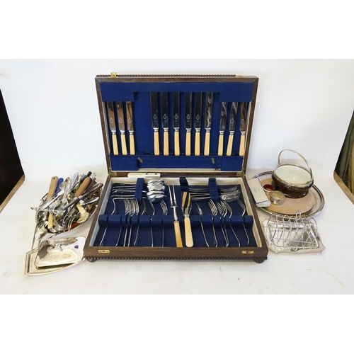 79 - A Part Canteen of Cutlery, a Silver Plated & Wood Bread Tray, Basket, Cutlery, etc.