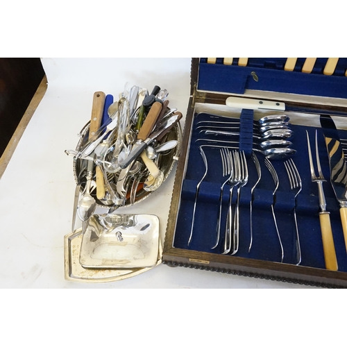 79 - A Part Canteen of Cutlery, a Silver Plated & Wood Bread Tray, Basket, Cutlery, etc.