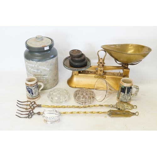 528 - A Set of Iron Scales, Storage Jar, Glass Funnel, Toasting Forks, etc.