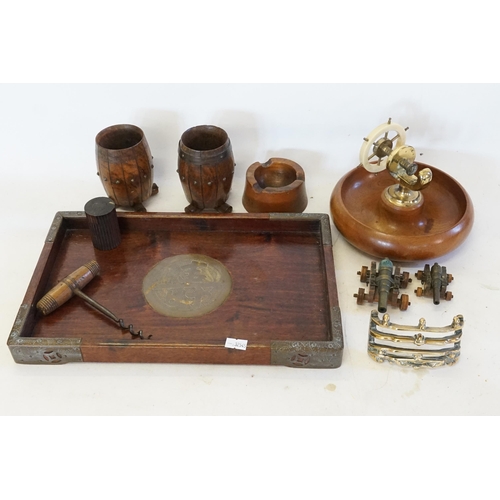 717 - A Chinese Hardwood mounted Tray, Two Miniature Canons with Carriages, Barrel Smoker's Set, Turned Wo... 