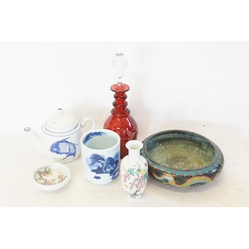 562 - A Cloisonne enamelled Dragon Bowl (AF), a Japanese Vase & a Fish decorated Tea Pot.