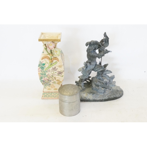 564 - A Kutani Vase, a Swatow Ancestors Box & a Spelter Figure of a Cavaliar.