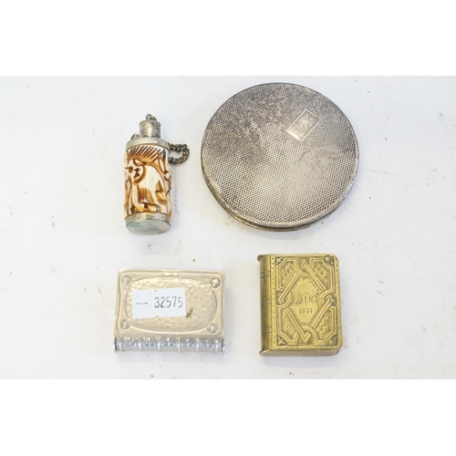 68 - A Sterling Silver Powder Compact, Book Shaped Vesta Case & one other & a Chinese Snuff Bottle.