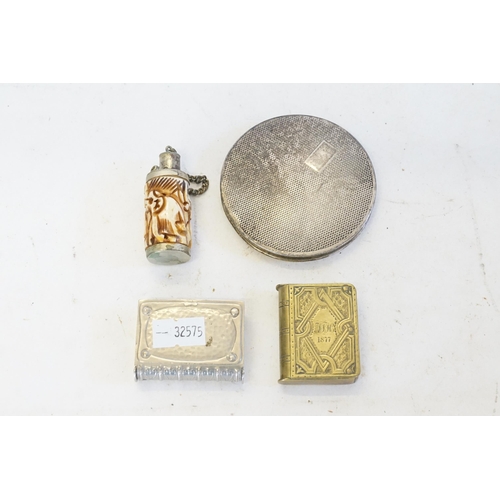 68 - A Sterling Silver Powder Compact, Book Shaped Vesta Case & one other & a Chinese Snuff Bottle.