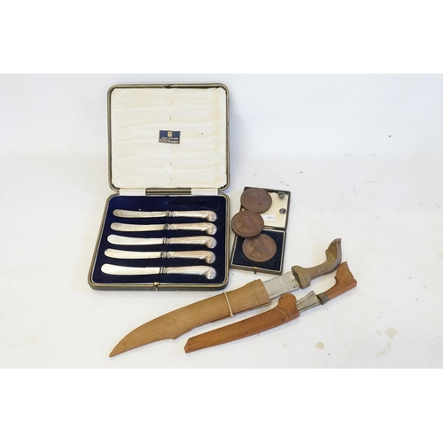 70 - A Set of Silver Pistol Handled Tea Knives in Case, Anatomy Medals, Arms Houses, Sir Joshua Mason & O... 