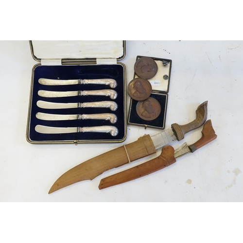 70 - A Set of Silver Pistol Handled Tea Knives in Case, Anatomy Medals, Arms Houses, Sir Joshua Mason & O... 