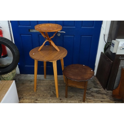 445 - A Celanese Carved Hardwood Table on folding stand, a Scalloped edged Coffee Table & a Formica Topped... 