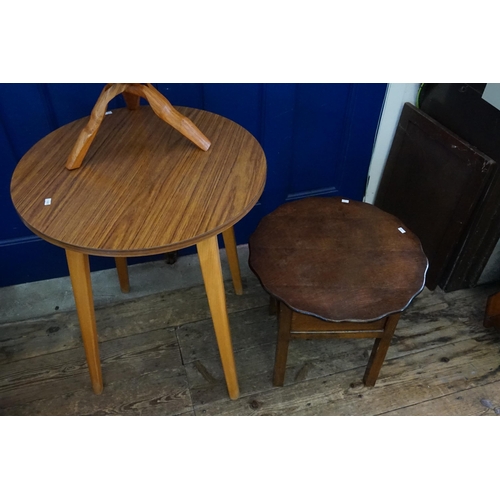 445 - A Celanese Carved Hardwood Table on folding stand, a Scalloped edged Coffee Table & a Formica Topped... 