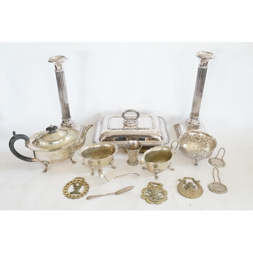 67 - A Pair of Silver Plated Corinthian Column Candlesticks, Entre Dish, Tea Pot, Silver Plated Irish Bow... 