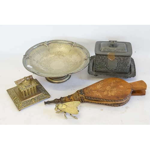 337 - A French Brass Cast Inkwell, engraved Bread Basket, Britannia metal Biscuit Barrel, Bellows, etc.