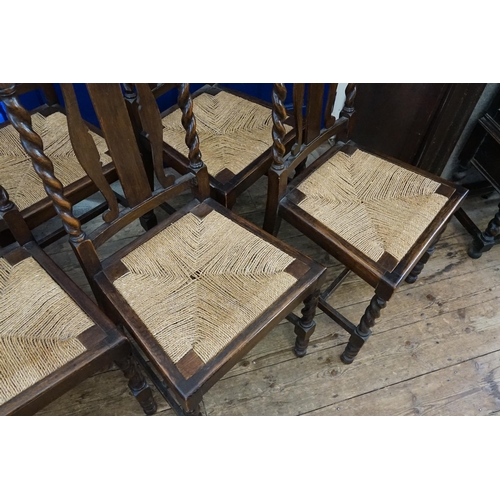 421 - A Set of Six Barley Twist Legged Rush Seated Dining Chairs.