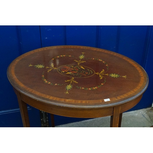 426 - An Edwardian Oval Satinwood inlaid & Painted Tea Table with a Jardiniere Base & resting on square ta... 