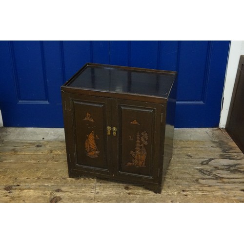 430 - A Chinese Double Door Carved Fronted Cabinet with Brass Drop Handles & resting on Bracket Feet. Meas... 