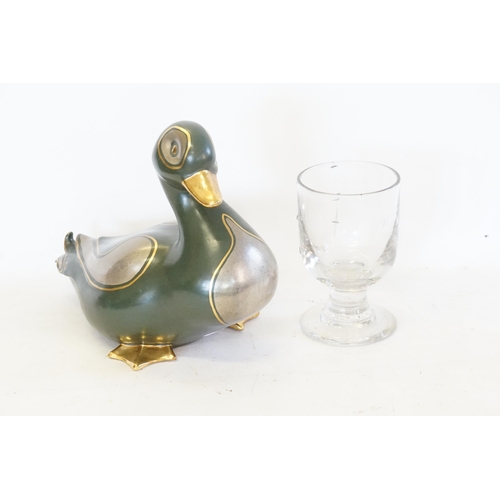 671 - A Bosa Duck with 24kt Gold. Measuring: 23cms high. Along with an Early Glass. (AF).