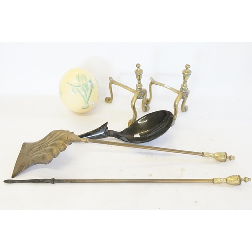 339 - A Pair of Brass Fire Dogs, Poker & Shovel, Austrich Egg, Buffalo Horn Scoop, etc.