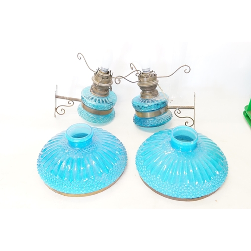 491 - A Pair of Blue Glass Wall Mounted Side Lights with Funnel.