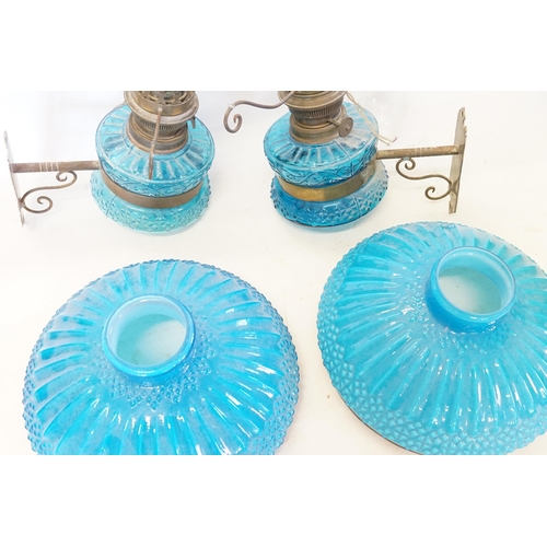 491 - A Pair of Blue Glass Wall Mounted Side Lights with Funnel.