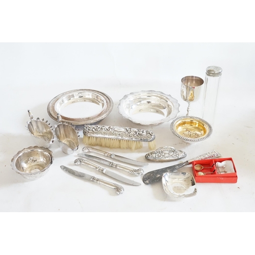 66 - An Unmarked Silver bon bon dish & a Collection of Silver Handled items along with some Plated items ... 