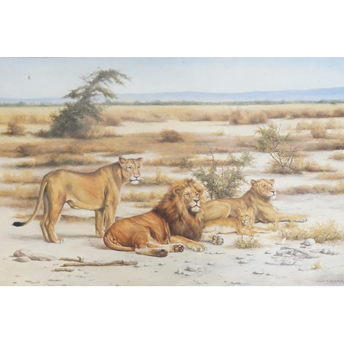 303 - A Willem Sternberg de Beer (B.1941) Painting of a Lion & Lioness with cubs. Signed bottom right corn... 