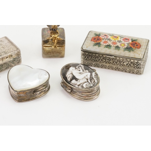 30 - A collection of trinket pots, to include micro mosaic etc. Silver trinket pots include the love hear... 