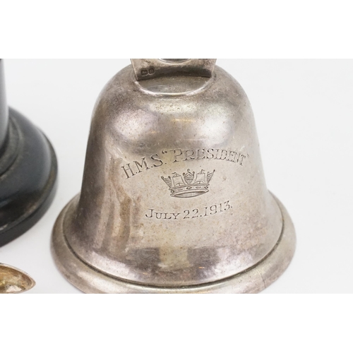 41 - A 1912 Birmingham Mappin & Webb silver bell, marked H.M.S President July 1913, along with various ot... 