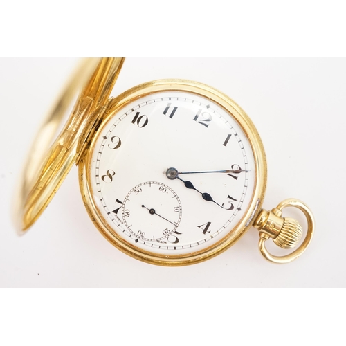 139 - A 18ct gold Dennison cased half hunter pocket watch, with railroad dial and sub second dial. Revue m... 