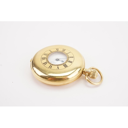 139 - A 18ct gold Dennison cased half hunter pocket watch, with railroad dial and sub second dial. Revue m... 