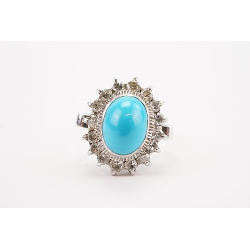 120 - Ex Collection of Mariam Jans Daughter. A antique high carat white gold turquoise set ring, surrounde... 